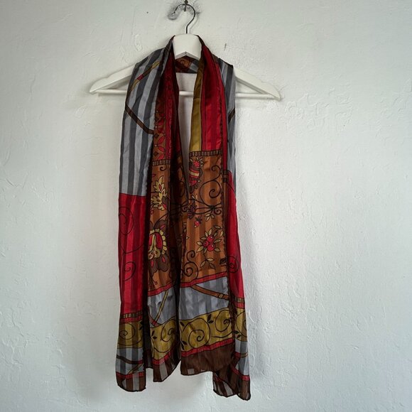 Zetha by Zenith 100% Silk Scarf 62x17 Abstract Pattern Red Gray Lightweight - Picture 1 of 4